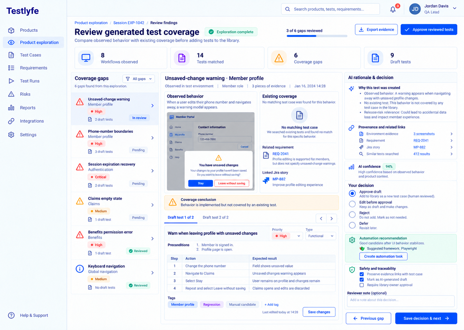 Planned generated test coverage review screen