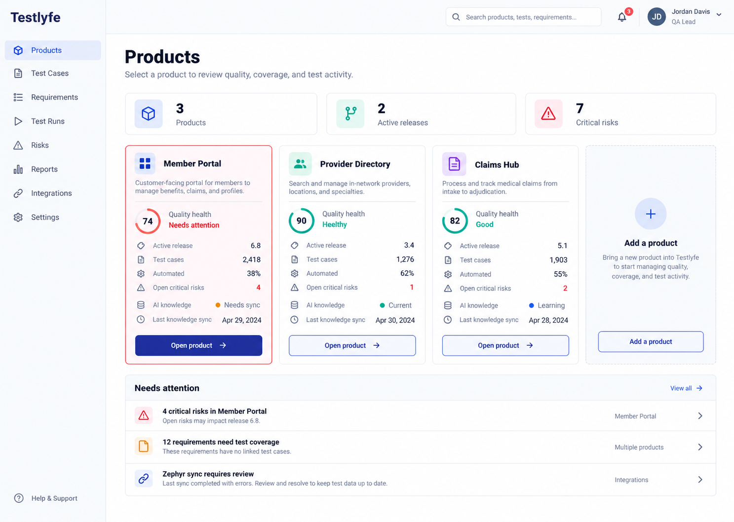 Planned Testlyfe product portfolio screen