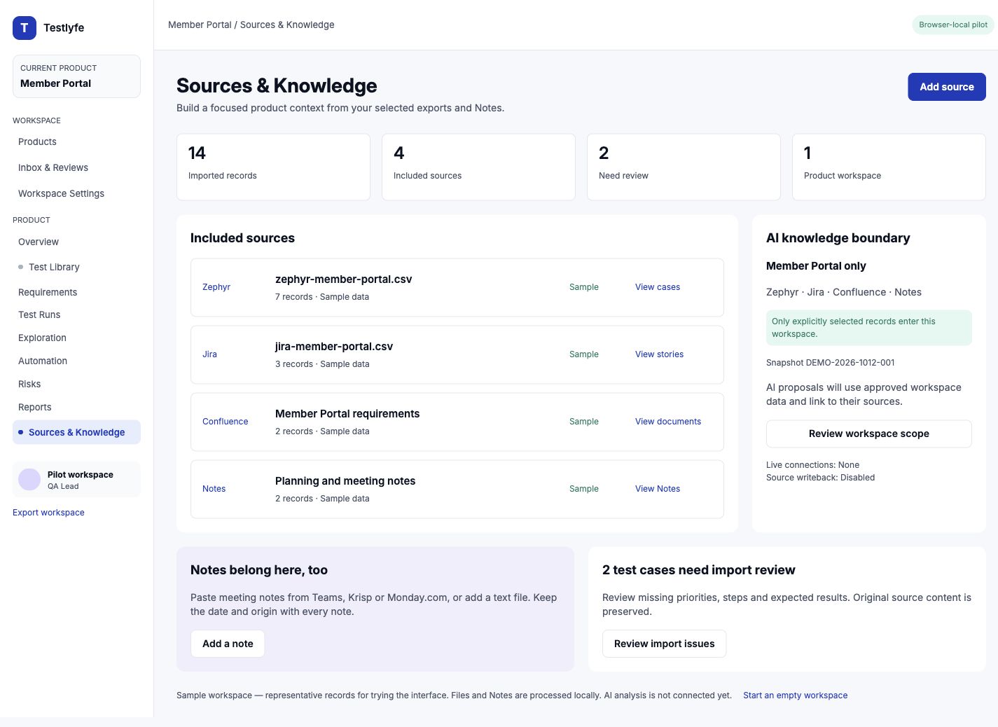 Testlyfe Sources and Knowledge workspace showing included product sources